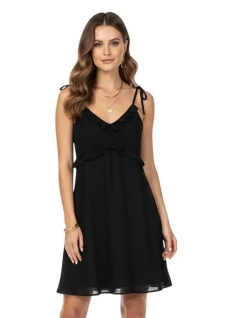 NWT WILD HONEY Black Chiffon Ruffle Bodice Mini Dress Tie Shoulder Straps S